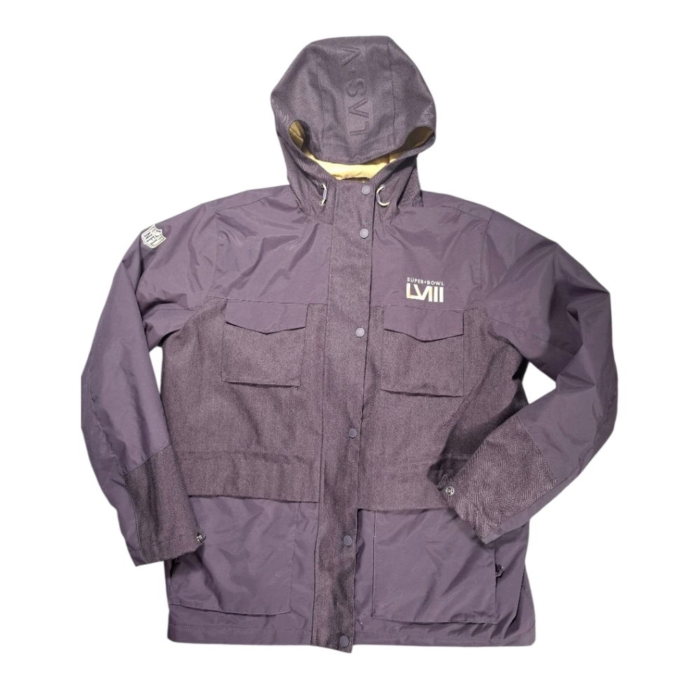 NFL Super Bowl LVIII 2024 Staff Hooded Women’s Large Purple Winter Jacket Logo
